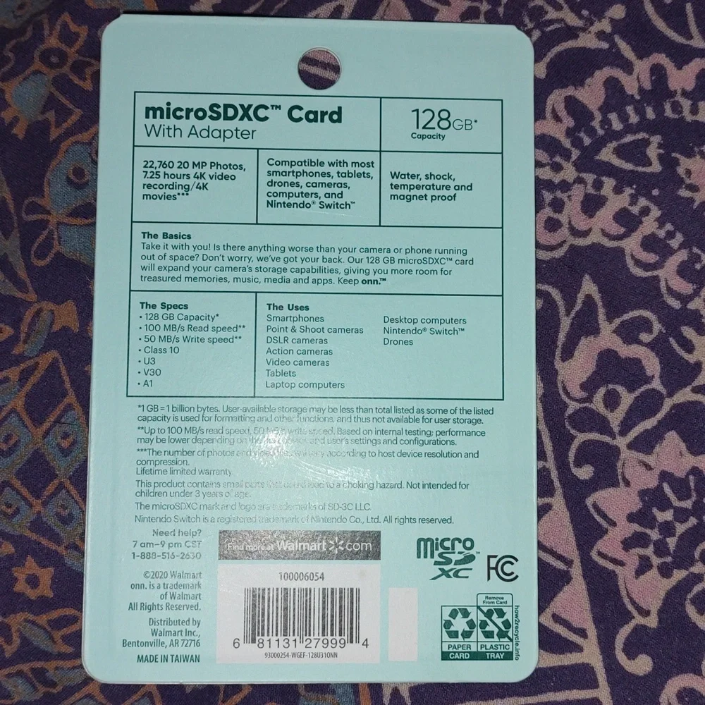 Keep ONN 100006054 microSDXC Card 128gb With Adapter 100 Mb/s New Phone Memory